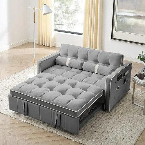 3 in 1 Pull Out Convertible Sofa Bed with USB Ports - 55" Modern Velvet - Picture 7 of 22