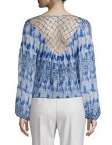 Blusa RAMY BROOK Malia •Mujeres S• Túnica Ikat Seda Enrejado Azul Manga Abullonada - Imagen 11 de 12