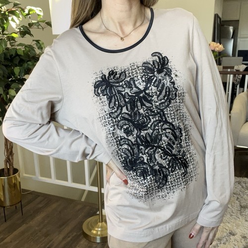 Gerry Weber Vintage Long Sleeves Round Neck Embroidered Front Top Shirt Tan L - Picture 2 of 11