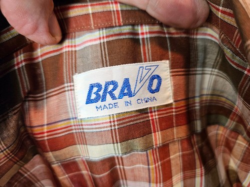 Vintage 1960s 1970s Brown Plaid Cotton Bravo Short Sleeve Casual Shirt AS NEW L - Picture 5 of 5
