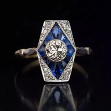 Art Deco Style 2Ct Round Lab Created Diamond & Sapphire 925 Silver Wedding Ring