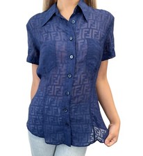 FENDI Vintage FF Zucca Logo Collard Short Sleeve Shirt 40 Top Blue Viscose