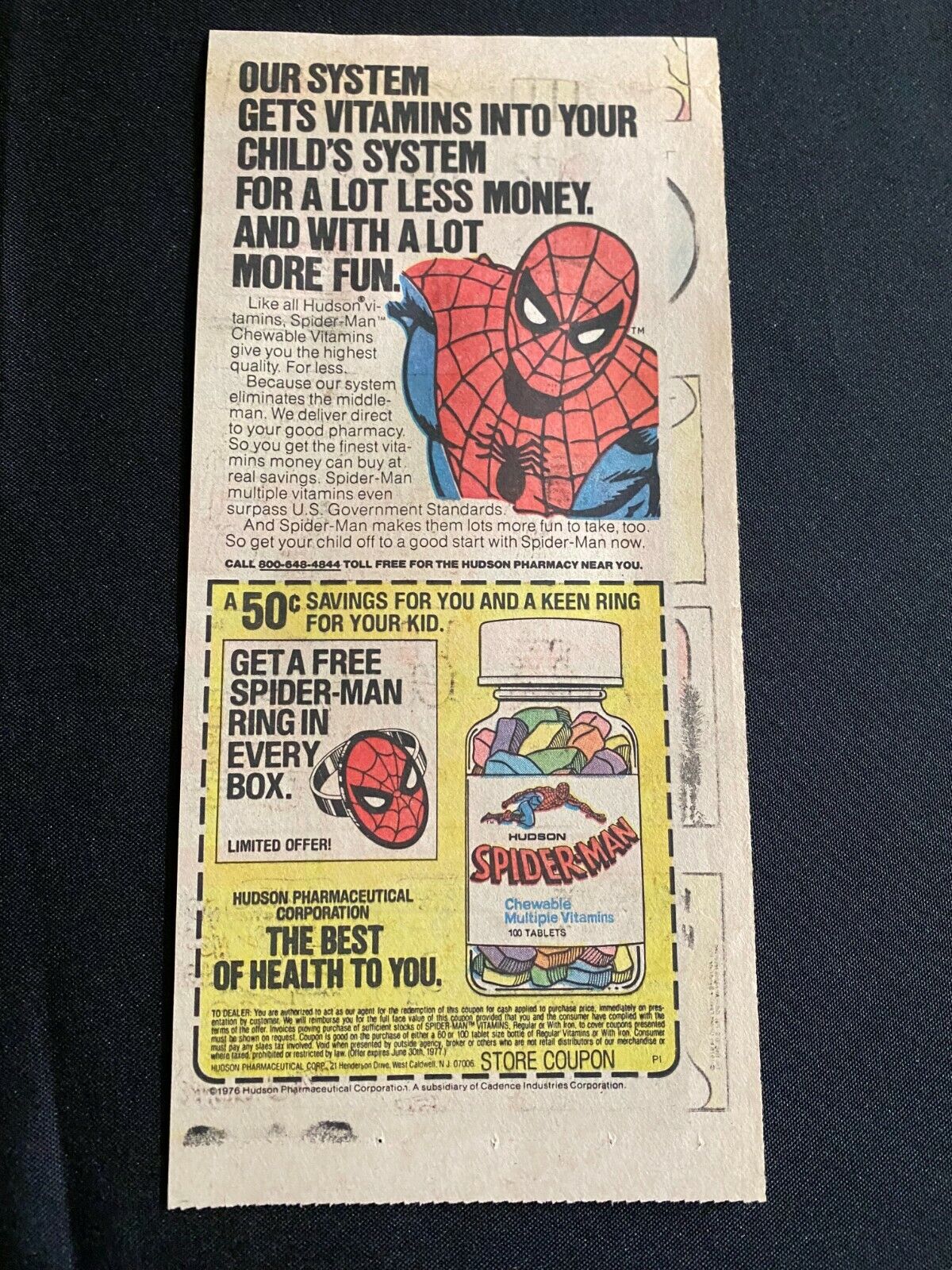 #01 AHudson SPIDER-MAN Chewable Vitamin Sunday Advertisement Offer 1976