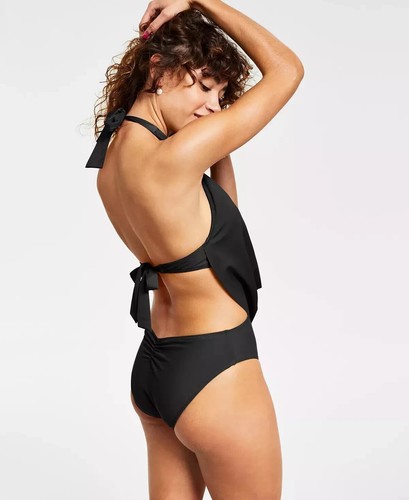 Bar III Solid Cowlneck One-Piece Swimsuit, Black, XS - Picture 2 of 2