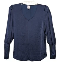 cabi Timeless Blue Blouse Medium Fitted Stretch Long Cuffs Puff Sleeve 3959