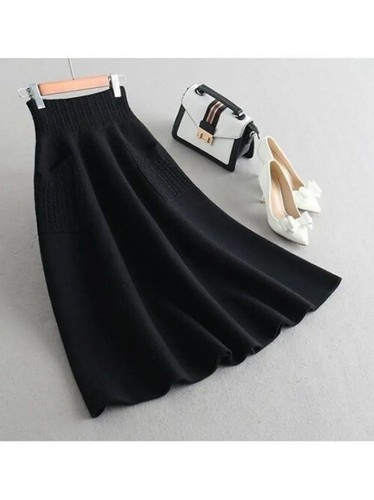 Warme Strickröcke aus Kunstwolle Damen hohe Taille Tasche lockerer Strick wadenhoher Rock - Bild 6 von 19