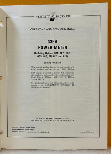 HP / Agilent 00435-90018 1977 435A Power Meter Operating & Service Manual. - Picture 2 of 2