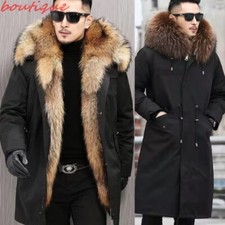Men Hooded Faux Fur Jacket Parka Overcoat Thicken Fur Lined Outwear Coat Jackets