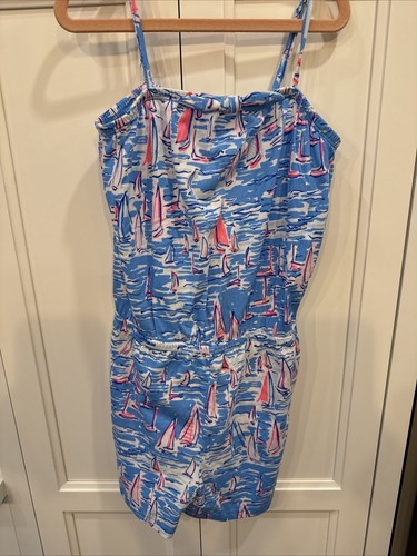 NEW Lilly Pulitzer GIRLS JAYCEE ROMPER Zanzibar Blue Boatylicious Pink L 8-10 - Picture 2 of 4