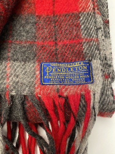 Vintage Pendleton 100% Virgin Wool Throw Blanket Red Gray Plaid Fringe 70” x 52” - Picture 3 of 6