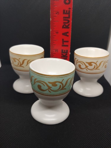 Pottery Barn Ceramic Egg Cups Set of 3 Pastel Colors Gold Floral Pattern & Edge - Picture 6 of 7