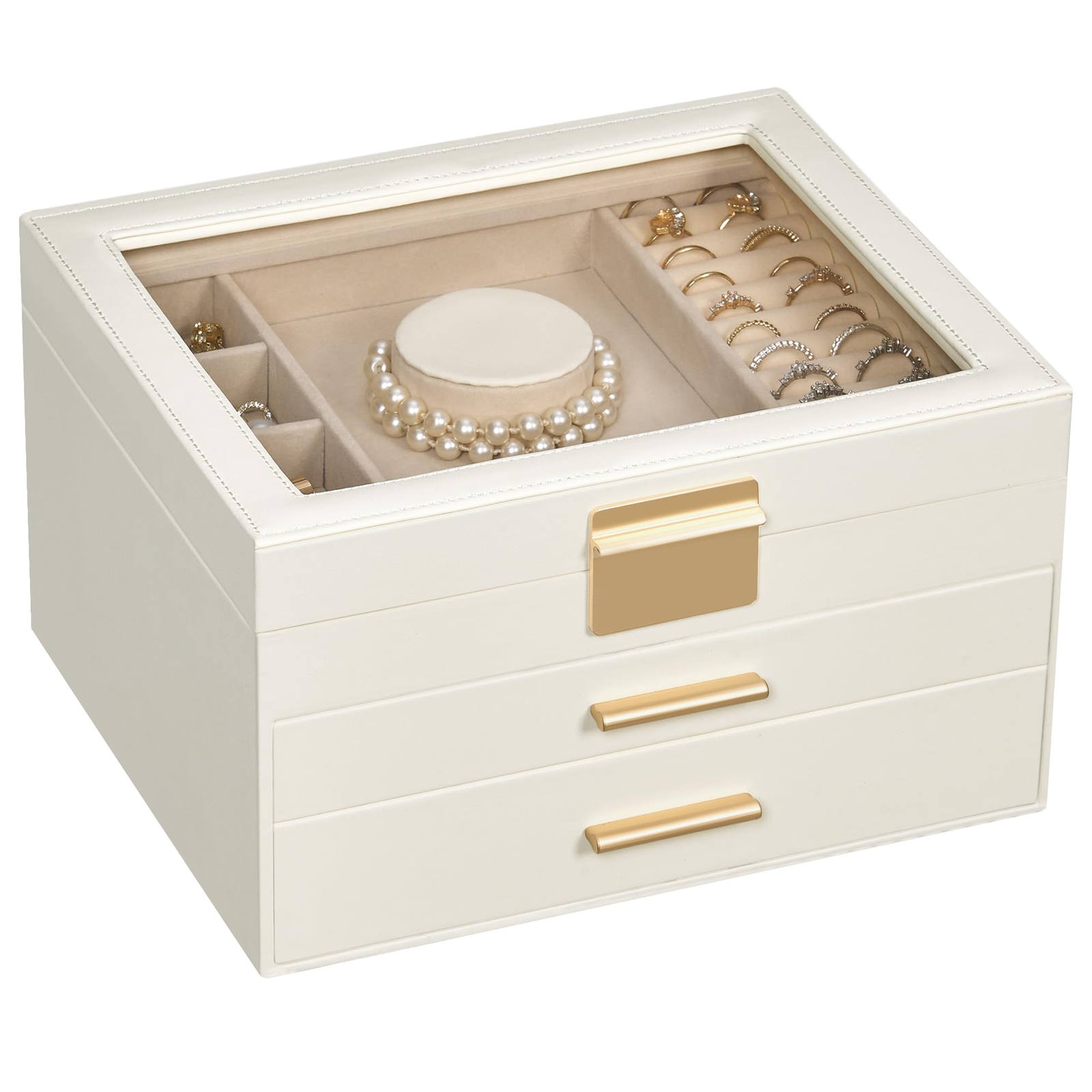 Elegant Glass Lid Jewelry Organizer Box with 2 Drawers for Women’s Earrings and Accessories-image