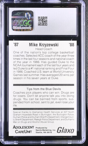 1987-88 Duke Blue Devils Police Mike Krzyzewski RC Coach K CGC 9 MINT - Picture 2 of 2