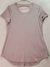 Layer 8 T Shirt Top Women Medium Purple Short Sleeve Cutout Back Round Neck Logo