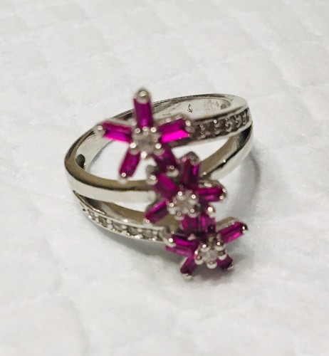Sterling Silber funkelnder weißer Topas erstellt rosa Saphir 3 Blumen Größe 10 - Bild 9 von 9