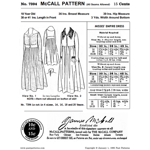 Past Patterns 7394 - 1920s Empire Dress Sewing Pattern bust size 36 McCalls - Picture 2 of 3