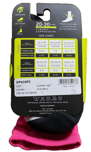 CEP Women Outdoor Merino Mid-Cut Compression Socks Size II or Small Wild Berry - Picture 2 of 8