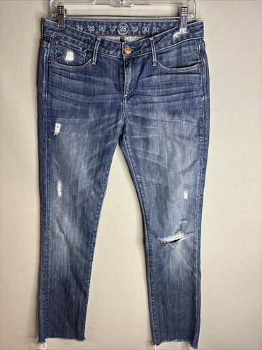 Earnest Sewn Women's Size 28/28 Blue Distressed Jeans Dark Wash 5 Pockets - Picture 2 of 5