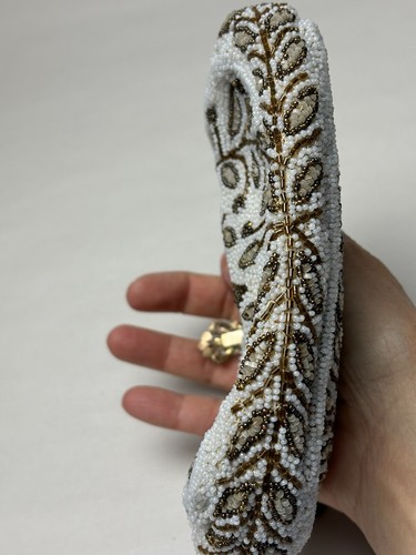 Vintage Hand Made In France Beaded Evening Bag WHITE & GOLD Floral Clutch Ornate - Picture 5 of 10