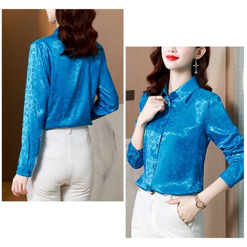 Lady Floral Satin Shirt Tops Faux Silk Button Elegant Formal Office Shiny Blouse - Picture 9 of 18