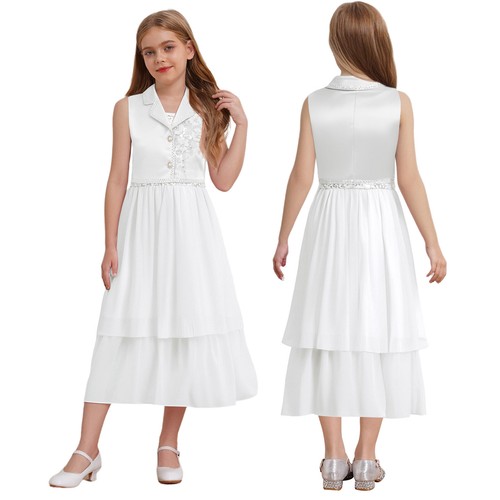Girls Bolero Set Eye-catching Dress Set Sleeveless Lapel High Waist Wedding - Picture 14 of 69