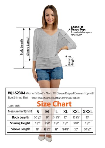 Women's V-Neck 3/4 Sleeve Draped Dolman Top with Side Shirring Premium - Picture 71 of 119