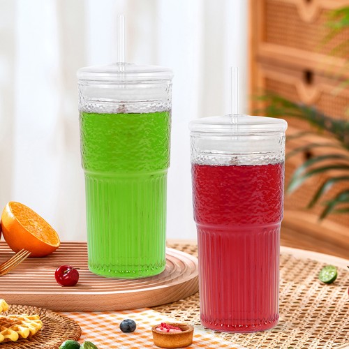 2Pcs Glass Cup with Lid and Straw Transparent Iced Coffee Cups 600 ML qiqSR - Picture 10 of 10