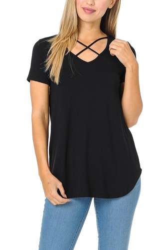 Auliné Collection Womens Casual Criss Cross V-Neck Short Sleeve T-Shirt Tee Top - Afbeelding 69 van 88