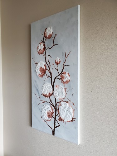 Handmade Painting Acrylic Wood Frame 30x15x0.5in Art Decor Cotton Branch - Picture 11 of 13