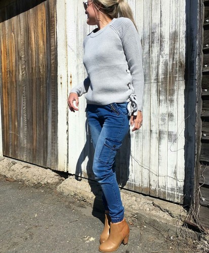 LADIES LACE UP KNIT LACE UP JUMPER GREY CREAM 8-16 - Picture 1 of 3