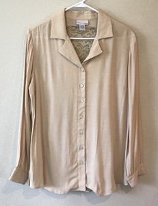 Soft-Surroundings-Womens-M-Shirt-Blouse-Beige-Button-Down-Lace-Inset-Long-Sleeve