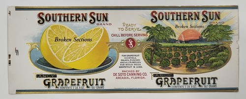 LABEL Can Southern Sun Grapefruit De Sotto Canning Arcadia Florida - Picture 1 of 2