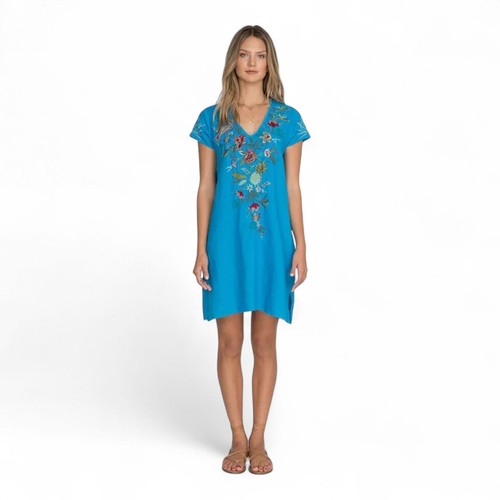 Johnny Was Nohea Linen Drape Tunic DRESS Floral Pineapple V Neck Blue Size S - Bild 4 von 14