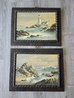 Deux anciennes peintures encadrées par numéros scènes de phare et plage mer
