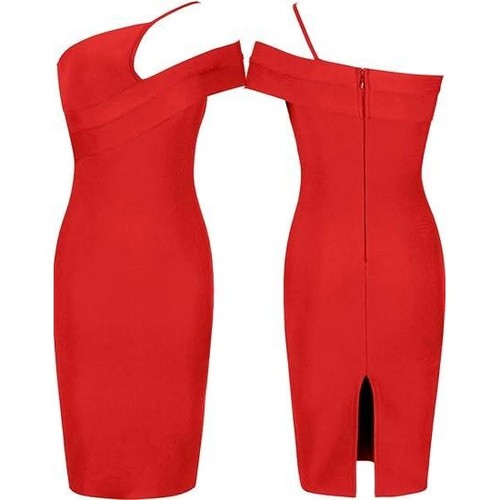 UONBOX Damen S rot Cut Out One Shoulder ärmellos Split Bandage Kleid - Bild 4 von 13