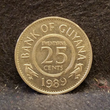 1989 Guyana 25 cents, decent grade, KM-34
