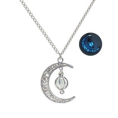 Glow In The Dark Crescent Moon Orb Necklace Silver Sky Blue Pendant Jewelry Gift