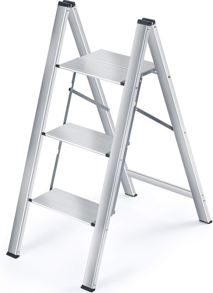Kingrack Stufenleiter 3 Stufen Aluminium Klappbar Handlauf Rutschfest Silber-image