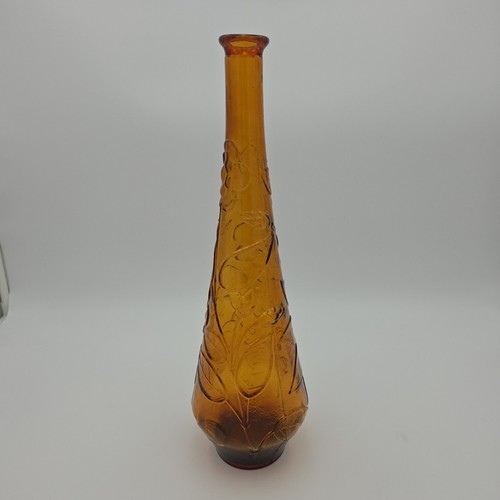 Vintage Empoli Bernstein Flasche Vase Dekanter geprägt Blumen Schmetterling 16" Italien - Bild 6 von 8