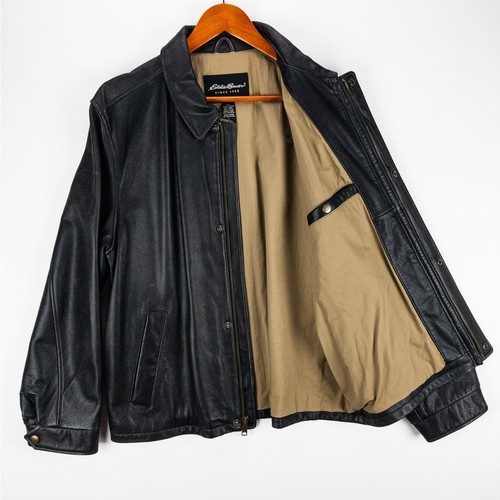 Bomber Eddie Bauer in pelle uomo grande nero vera pelle ottone a scatto - Foto 7 di 12