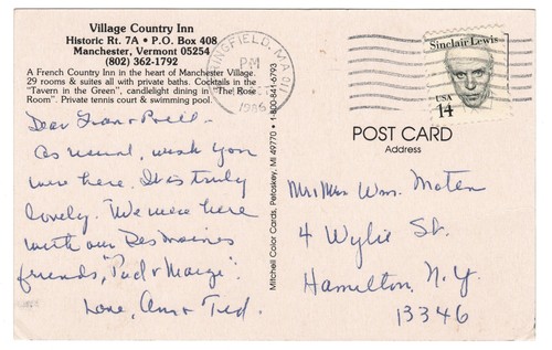 Village Country Inn Postcard Manchester Village Bennington County Vermont - Picture 2 of 2