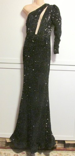 Miss Ord schwarz Pailletten 1 Schulter formelles Abendkleid Maxi Meerjungfrau Frontschlitz - M - Bild 3 von 10