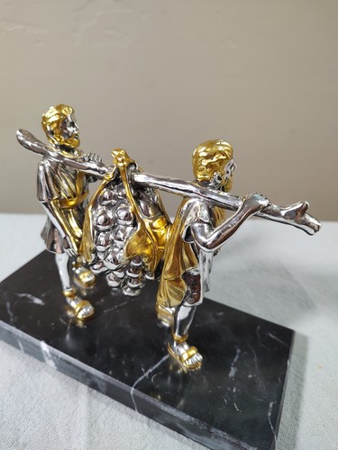 Vintage Two Men Carrying Grapes Statue Silver and Gold Tone Marble Base - Picture 9 of 14