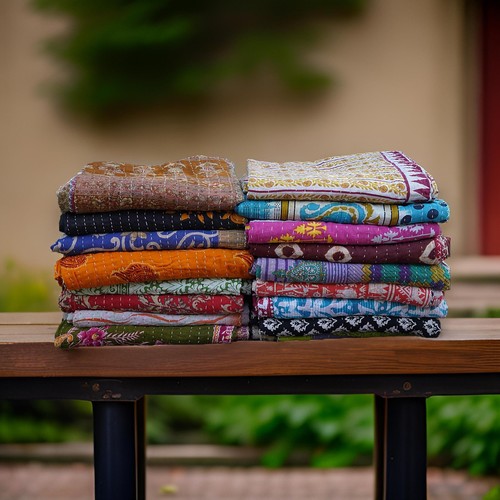 Twin Cotton Quilt, 5pcs Reversible Vintage Bedspreads, Kantha Stitch Blanket,... - Picture 2 of 8