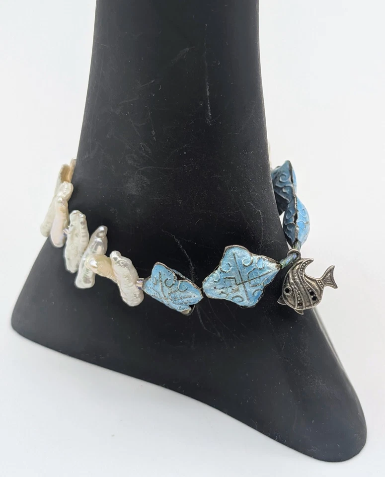 Pulsera Keishi Perla Esmaltada Azul Cuentas Peces Dije 7.5" Cierre Esterlina Océano Foto 2 de 4