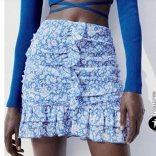 Zara Blue Floral Ruffle Mini Skirt Size M EUC