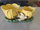 McCoy Vintage Pottery Planter with Dual Yellow Flowers and Bird