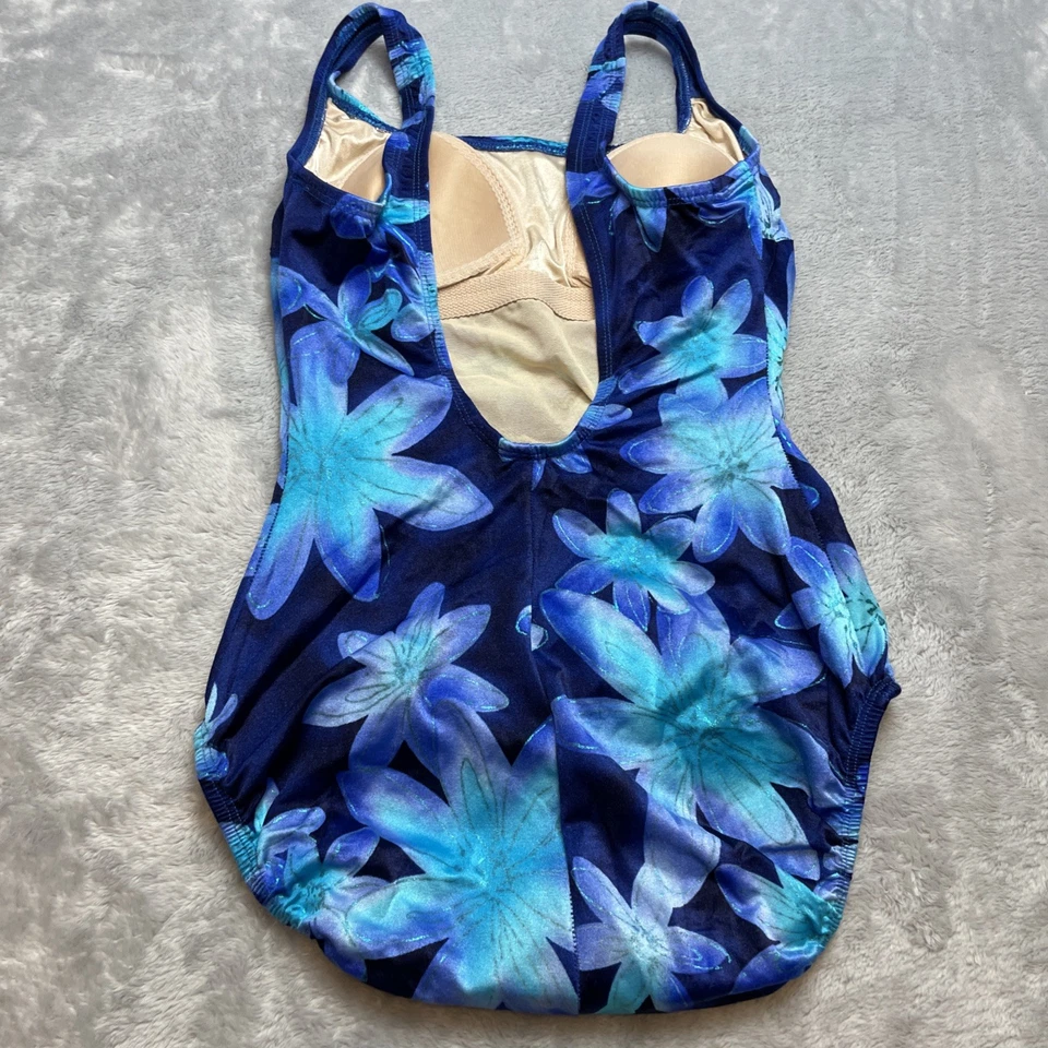 Vintage Longitude One Piece Swimsuit Womens 10 Blue Floral Shimmery Padded Bra - Image 2 of 4