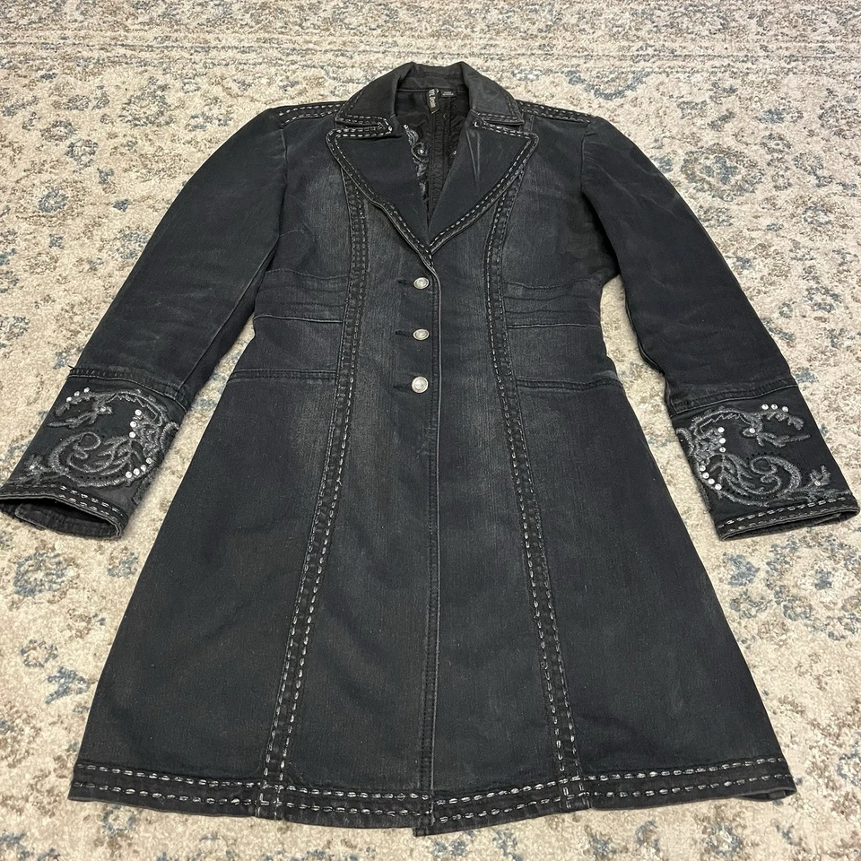 Chaqueta de mezclilla Ethyl para mujer pequeña azul con botones estrás longitud completa Foto 2 de 4