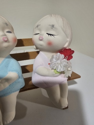 Vintage Boy & Girl On Bench Salt and Pepper Shakers 4" Japan - Picture 3 of 6